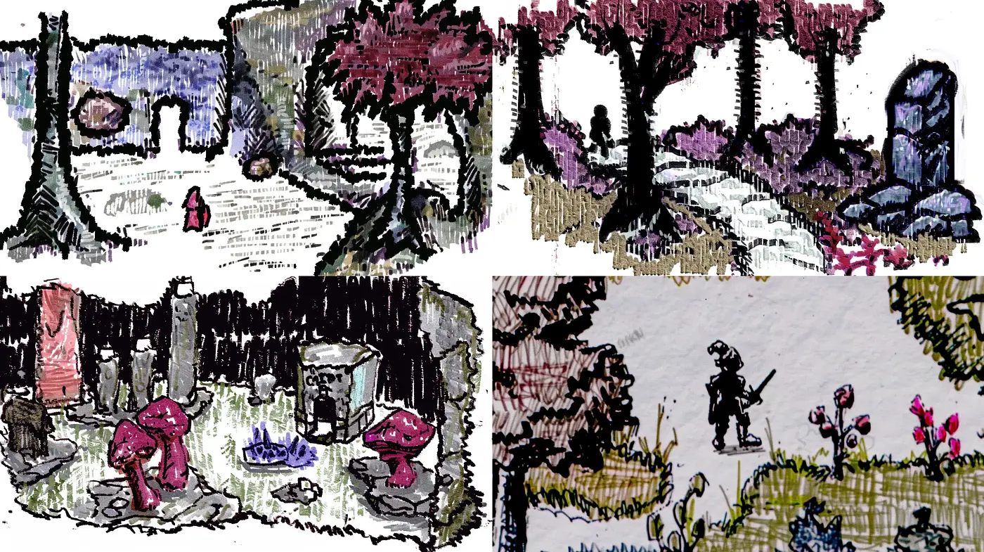 Stylized Pastoral Sketches with Pen and Ink Textures - Midjourney sref style