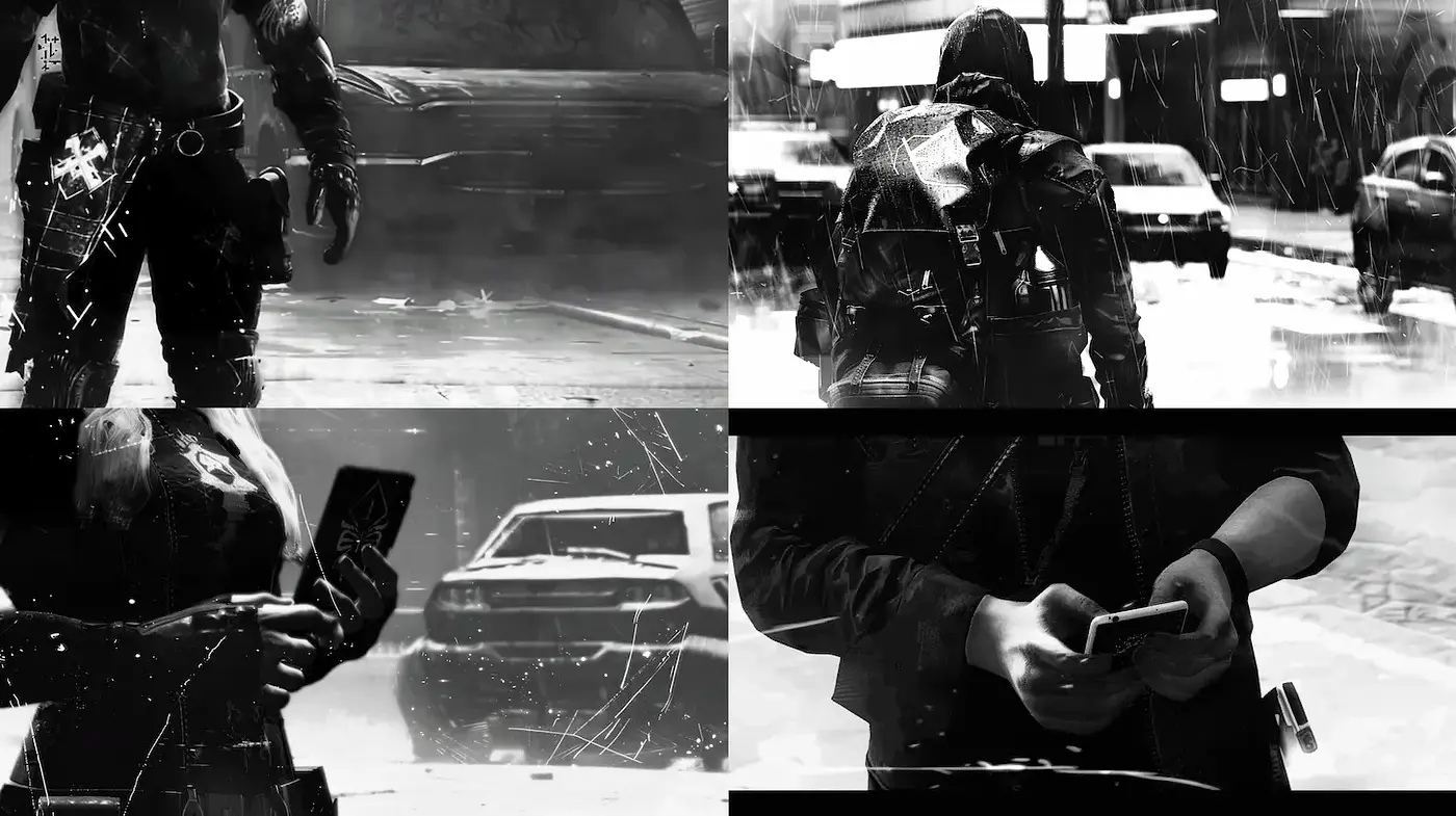 Dynamic Urban Noir Style with Stark Contrasts and Gritty Textures - Midjourney sref style