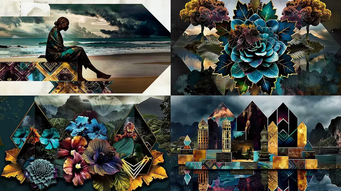 Surreal botanical and geometric landscape aesthetic with a pop of vibrant colors - Midjourney sref style