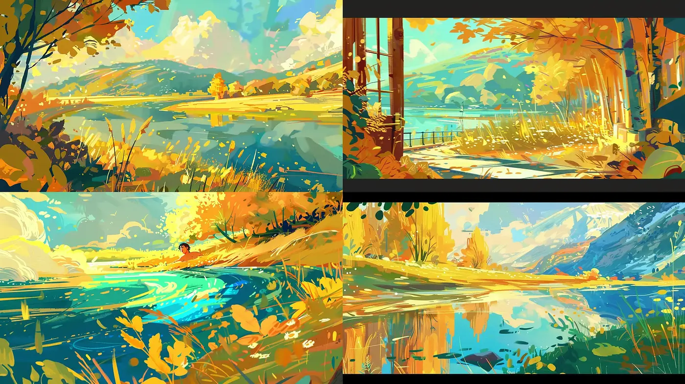 Luminous Autumn Panoramas with Expressive Brushwork - Midjourney sref style
