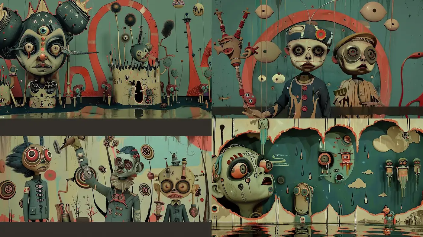 Surrealistic Characters in a Quirky, Dreamlike Landscape - Midjourney sref style
