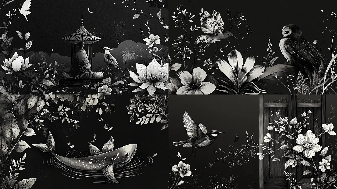 Monochromatic Elegance: A Consistent Noir Botanical Fantasy - Midjourney sref style