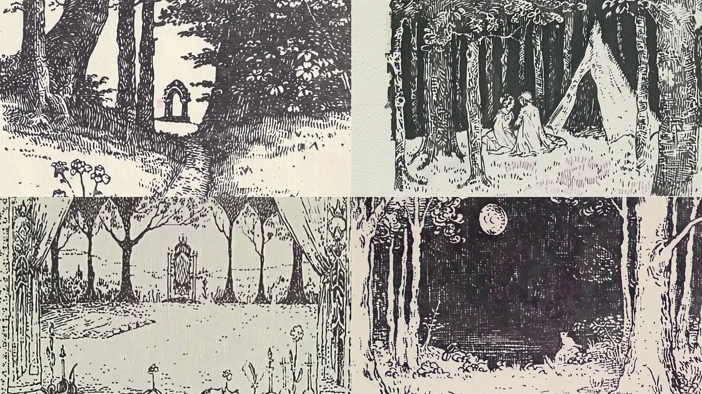 Enigmatic Ink Crosshatch Vignettes in Monochromatic Harmony - Midjourney sref style