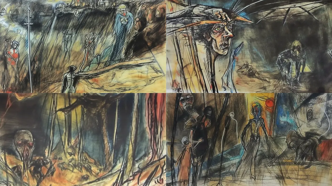 Ethereal Echoes of a Somber Dreamscape: A Fusion of Melancholy and Macabre in Artistic Rendering - Midjourney sref style