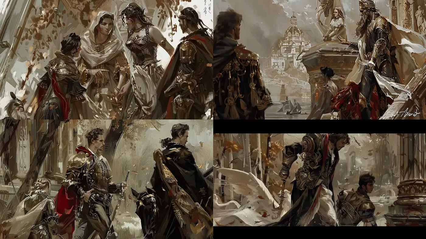 Epic fantasy-themed illustrations with a historical and regal influence - Midjourney sref style