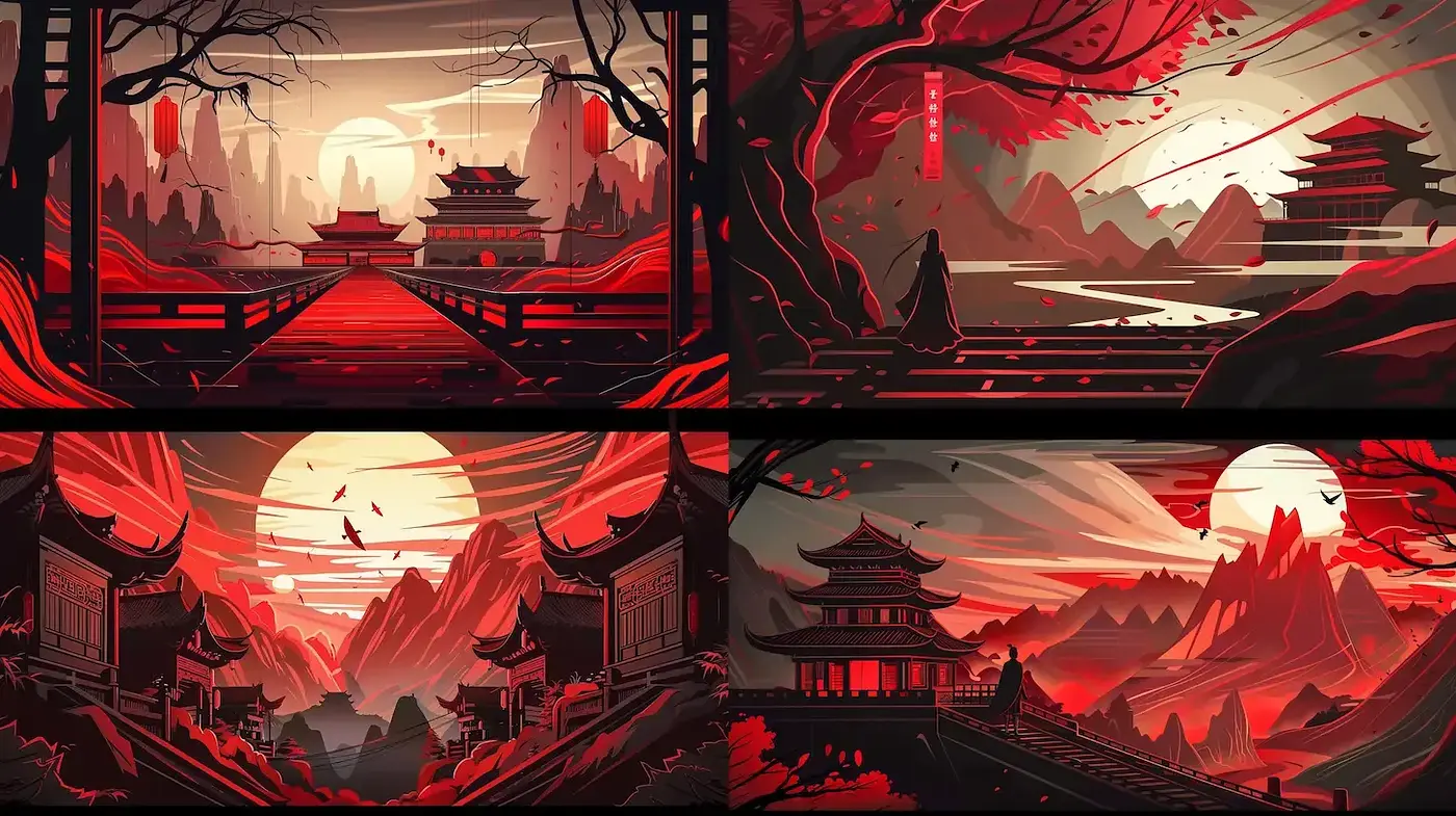 Crimson Dusk: Stylized Eastern Landscapes in Monochromatic Red - Midjourney sref style