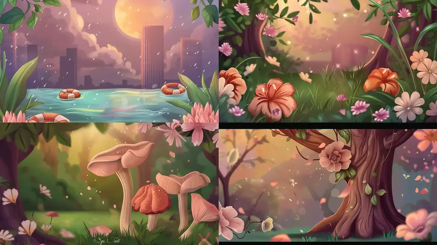 Whimsical and Lush Environments with Soft Color Gradients - Midjourney sref style