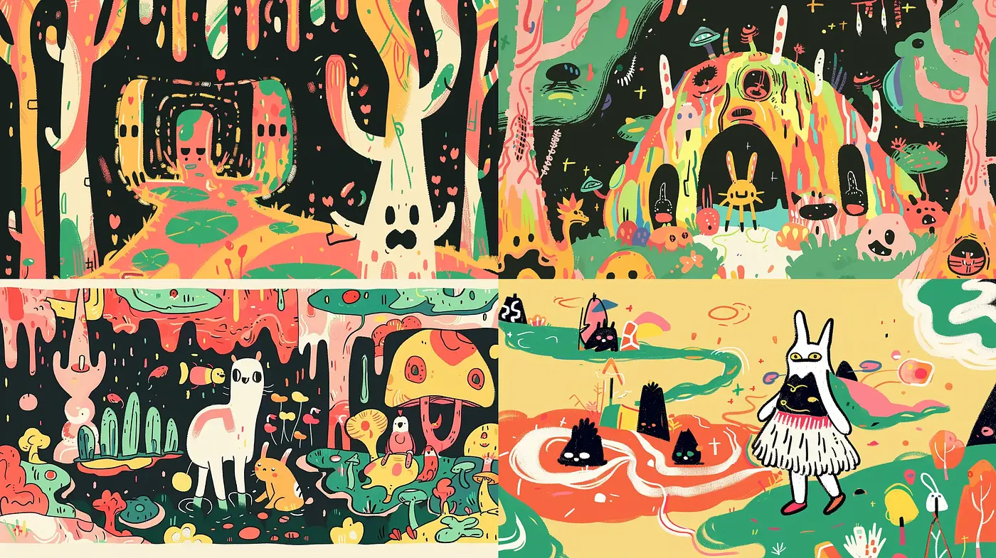 Psychedelic Dreamscape with Abstract Forest Motifs - Midjourney sref style