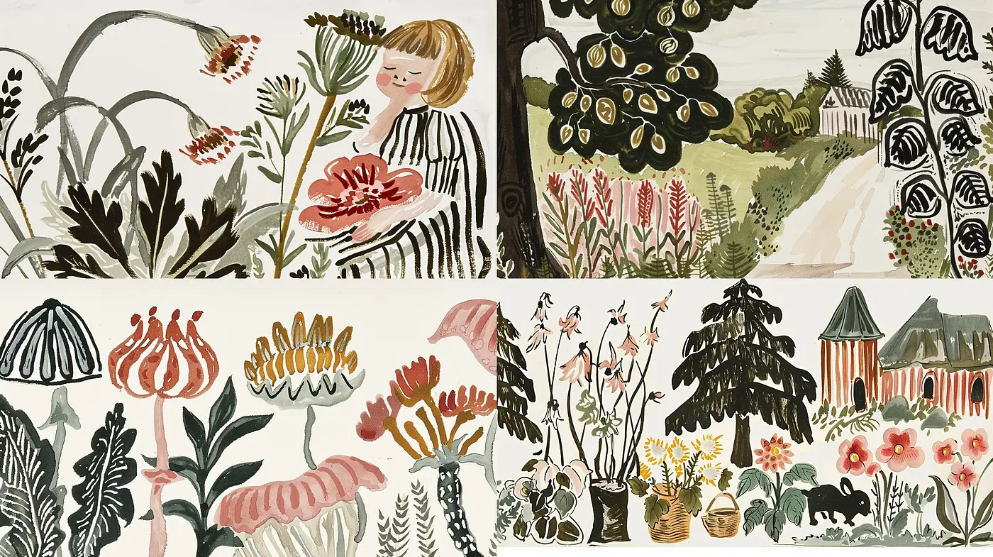 Pastoral Harmony: An Artistic Exploration of Whimsical Flora and Vintage Countryside - Midjourney sref style