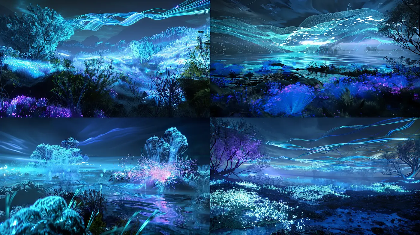 Ethereal Nocturnal Landscapes with Luminous Florals in Digital Impressionism - Midjourney sref style