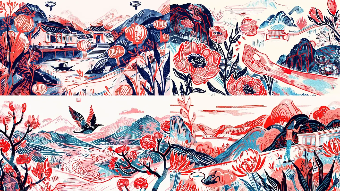 Harmonious Blend of Nature and Stylized Elements in a Vibrant Landscape - Midjourney sref style