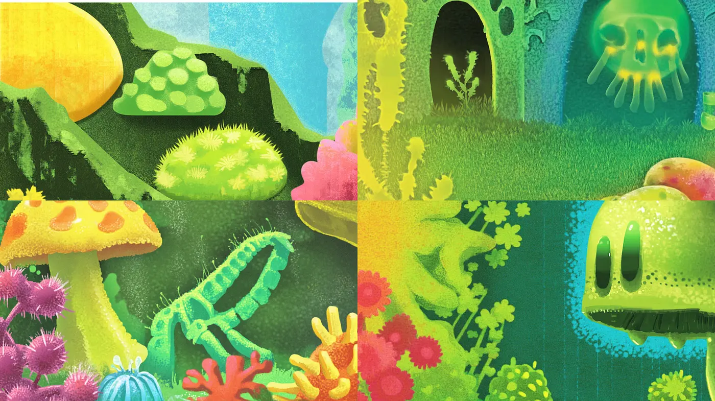 Vibrant and Playful Underwater World with Whimsical Flora - Midjourney sref style