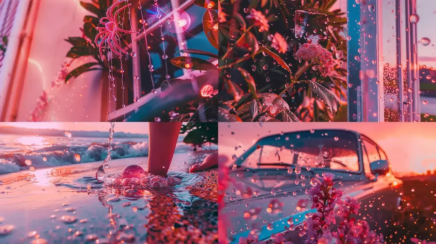 Vibrant and Dreamy Aesthetic with Water Motifs and Retro Influences - Midjourney sref style