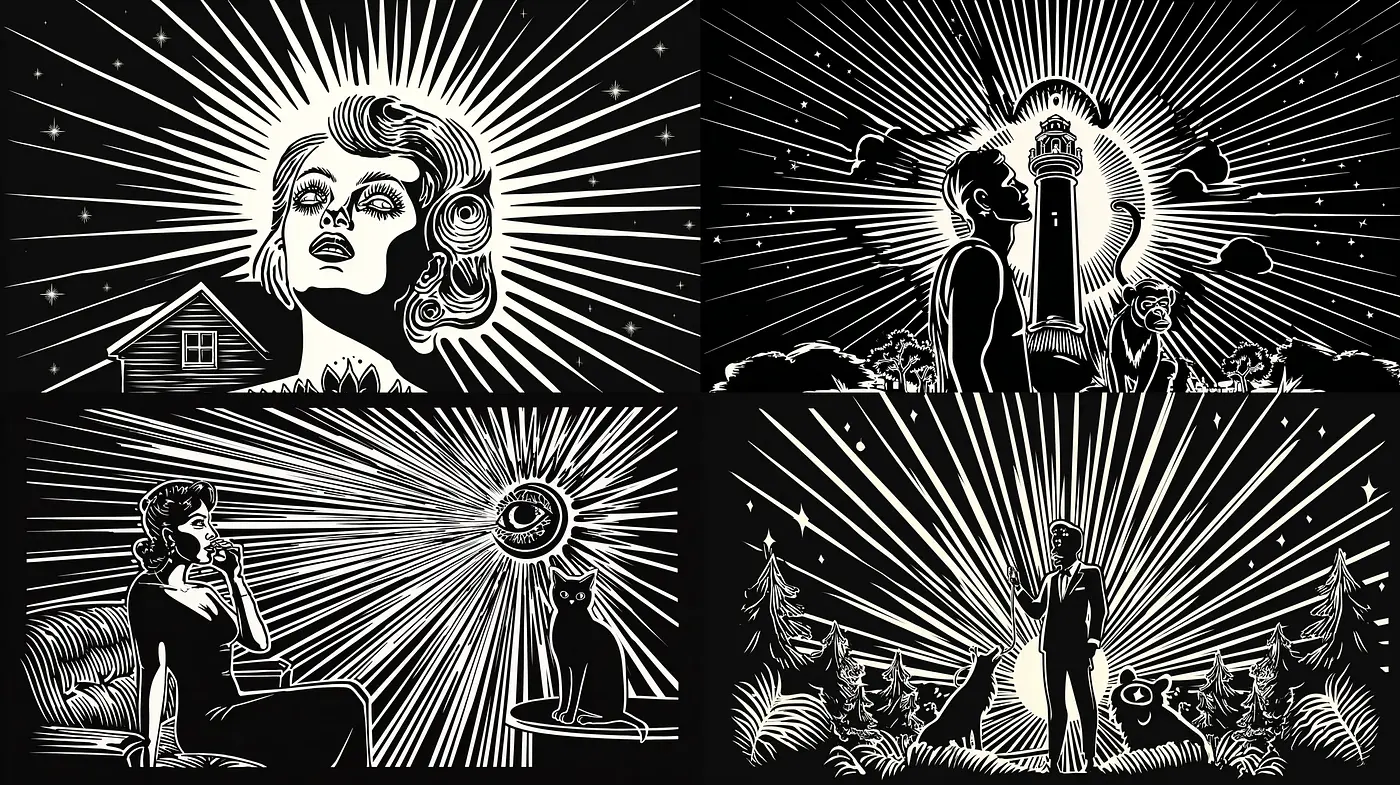 Striking Black and White Illustrations with Radiant Sunburst Motifs - Midjourney sref style