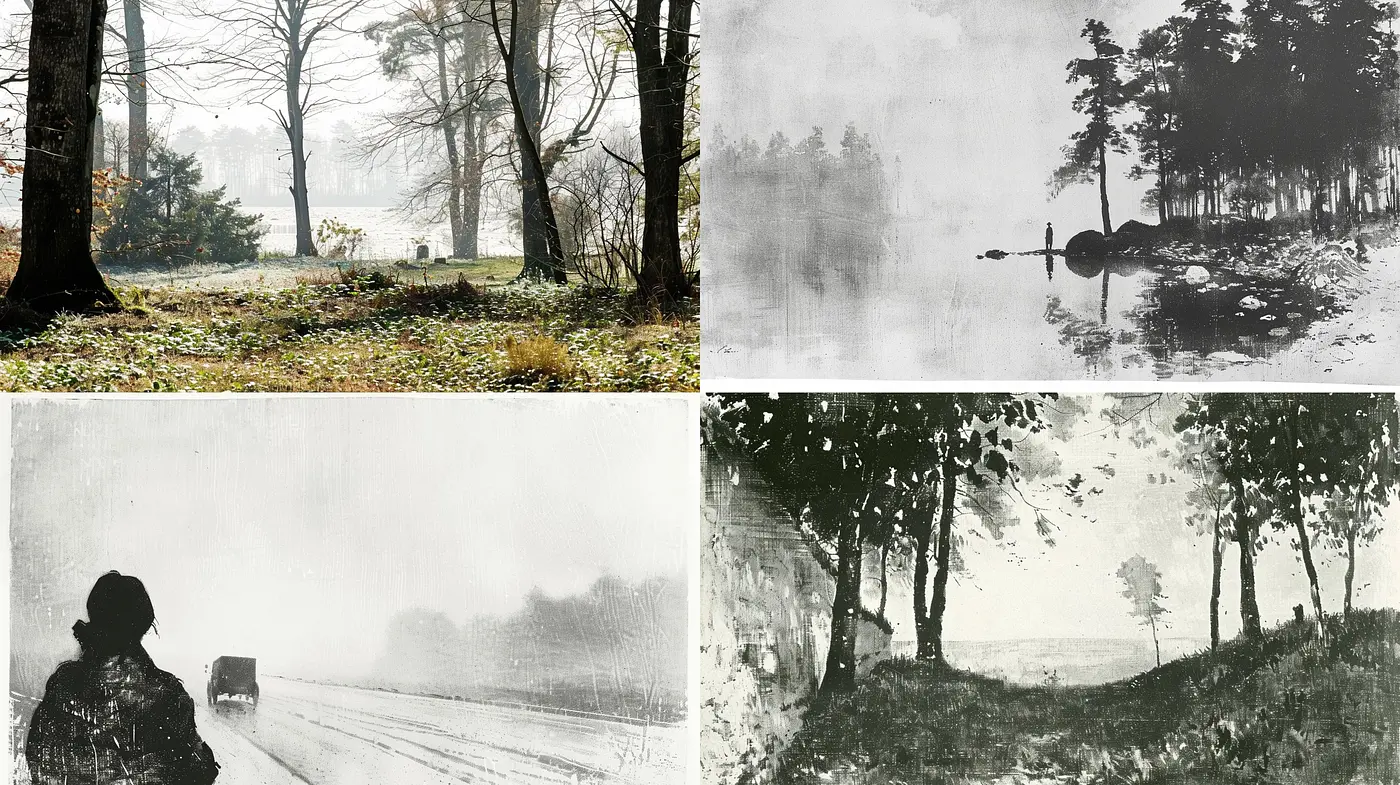 Monochromatic Mists of Time: A Consistent Venture into Grayscale Elegance and Simplicity - Midjourney sref style