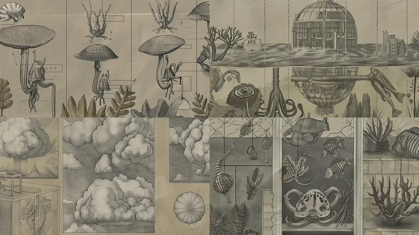 Whimsical Surrealism with Soft Tones and Organic Elements - Midjourney sref style