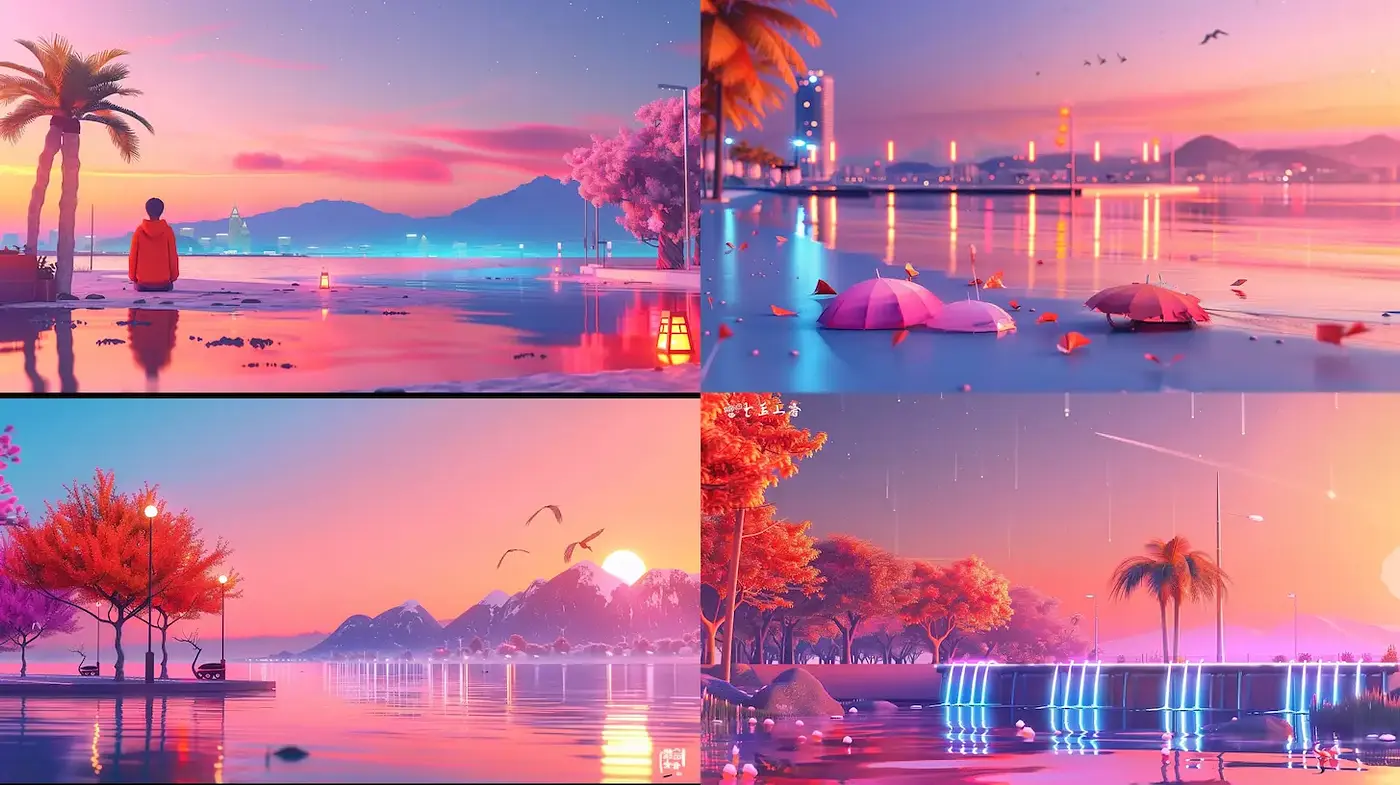 Serene and Dreamlike Coastal Landscapes at Sunset - Midjourney sref style