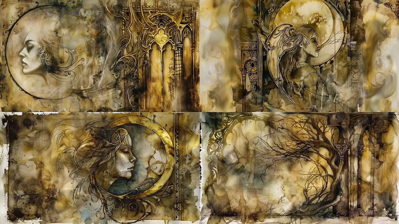 Ethereal Sepia Dreamscape with Art Nouveau Flair - Midjourney sref style