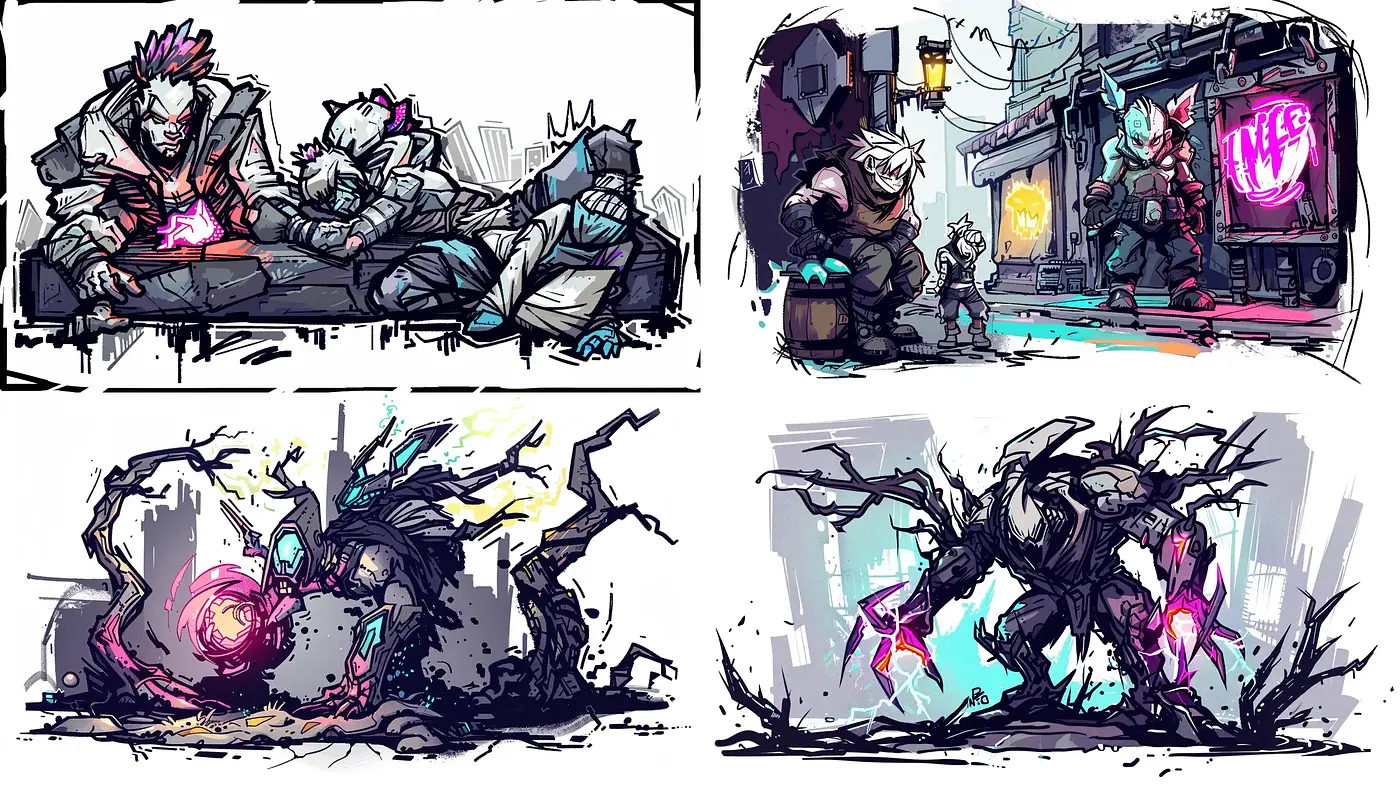 Energetic Sketch-Line Art with Neon Cyberpunk Undertones - Midjourney sref style