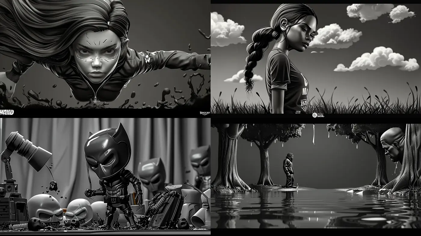 Monochromatic Dreamscape: A Fusion of Modern Graphic Novels and Surreal Fantasy - Midjourney sref style