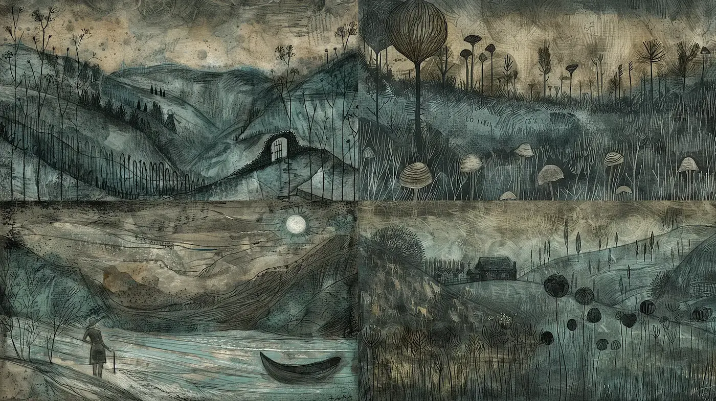 Surreal and Textured Landscapes with a Dreamlike Quality - Midjourney sref style