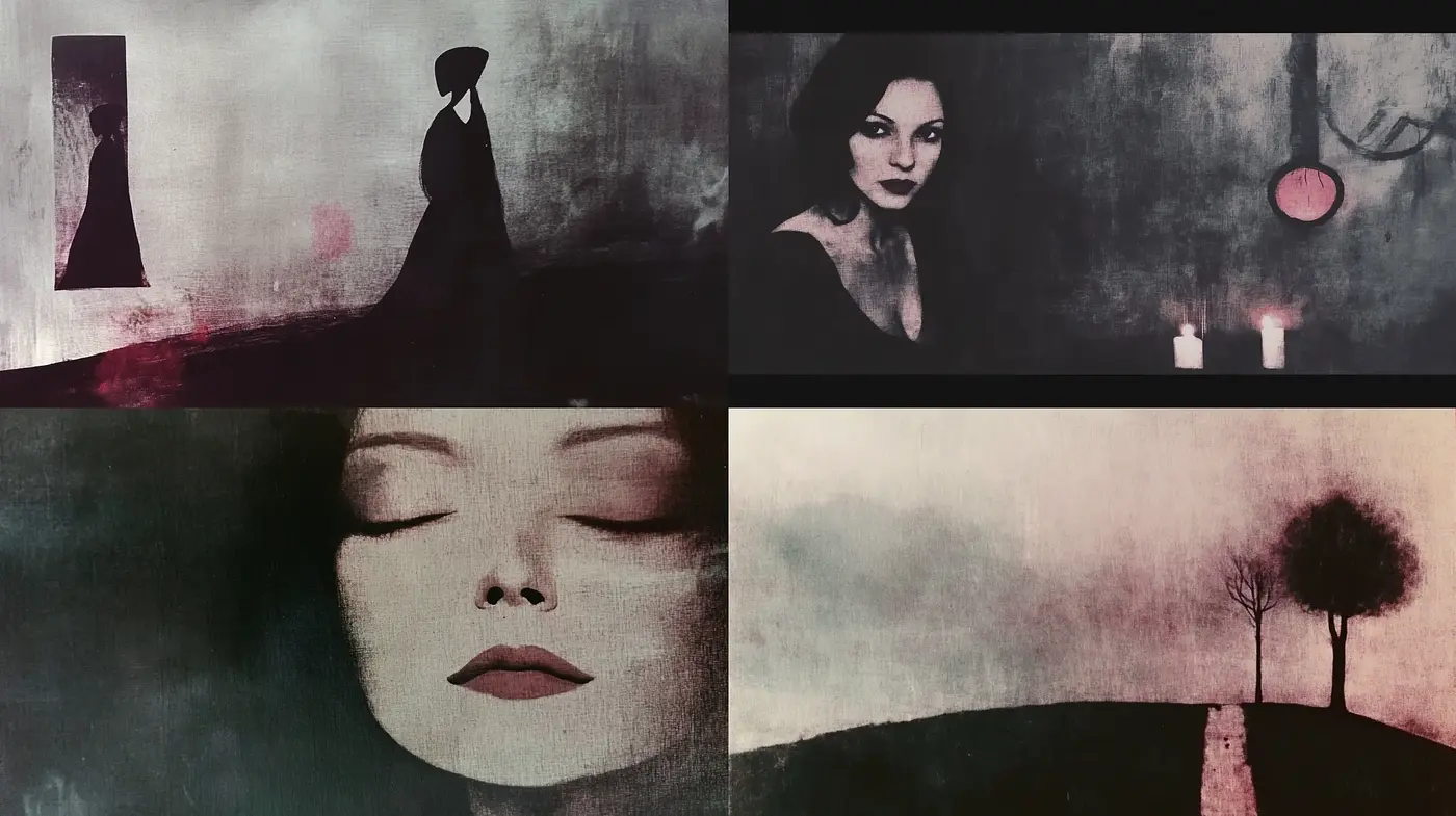 Ethereal Shadows and Hues: A Study in Somber Tones and Textured Mystique - Midjourney sref style