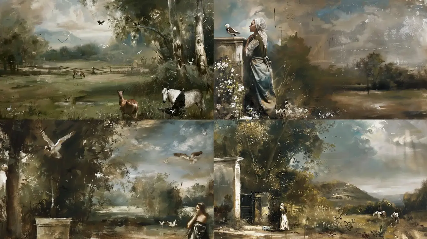 Pastoral Symphony in Sepia: A Harmonious Blend of Rustic Serenity and Classic Elegance - Midjourney sref style