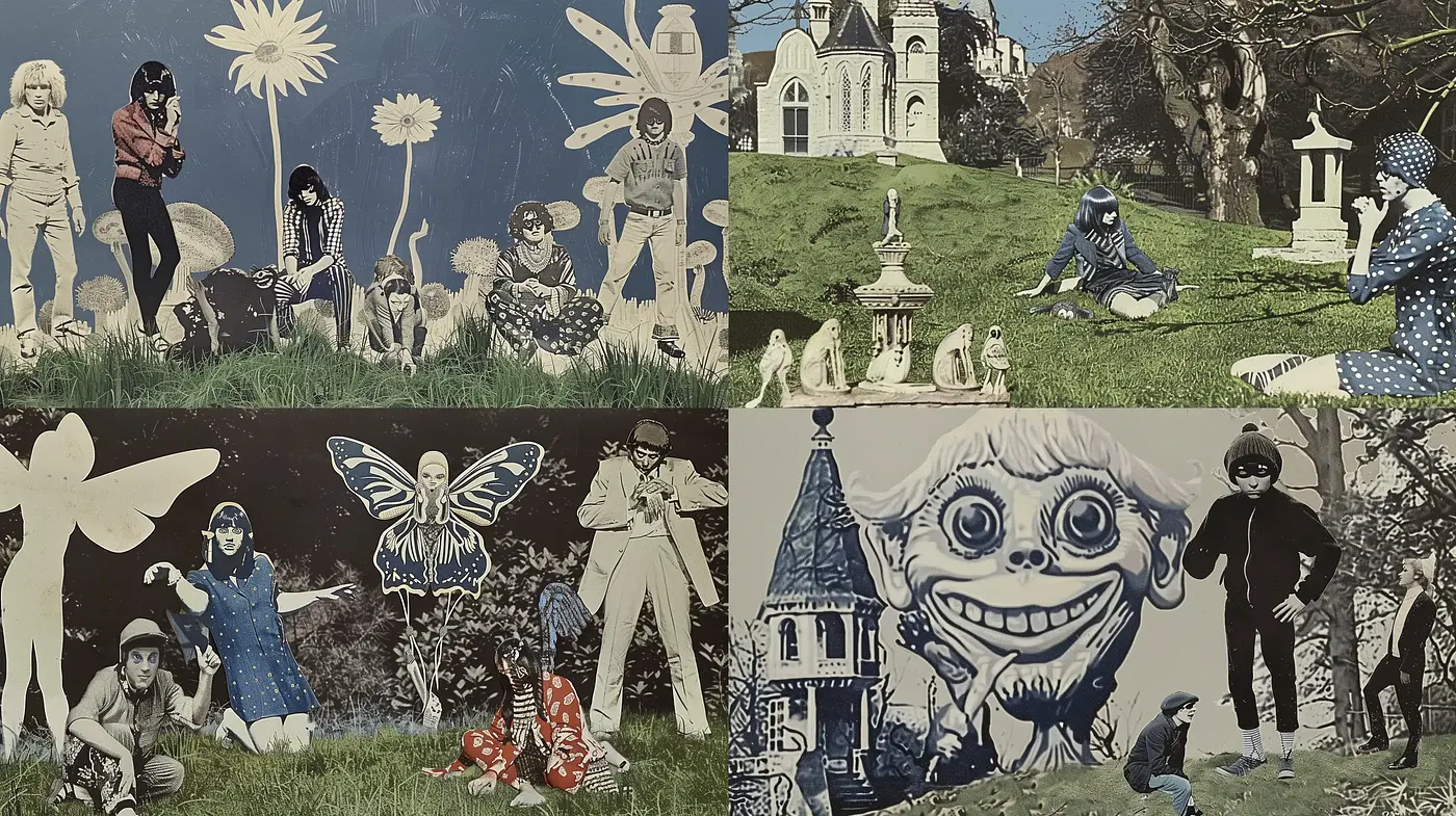 Surreal Monochromatic Dreamscape with Whimsical Characters - Midjourney sref style