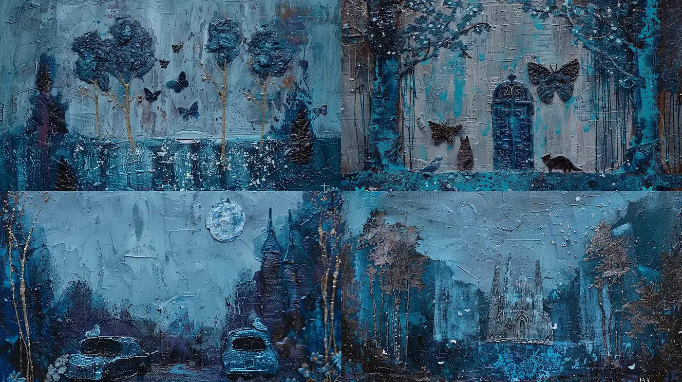 Ethereal, vivid dark blue ambiance with intricate texture and surreal elements - Midjourney sref style