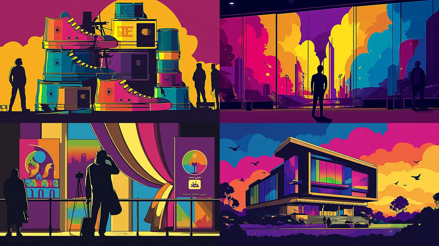 Vibrant Retro-Futuristic Cityscapes with Distinct Silhouettes - Midjourney sref style