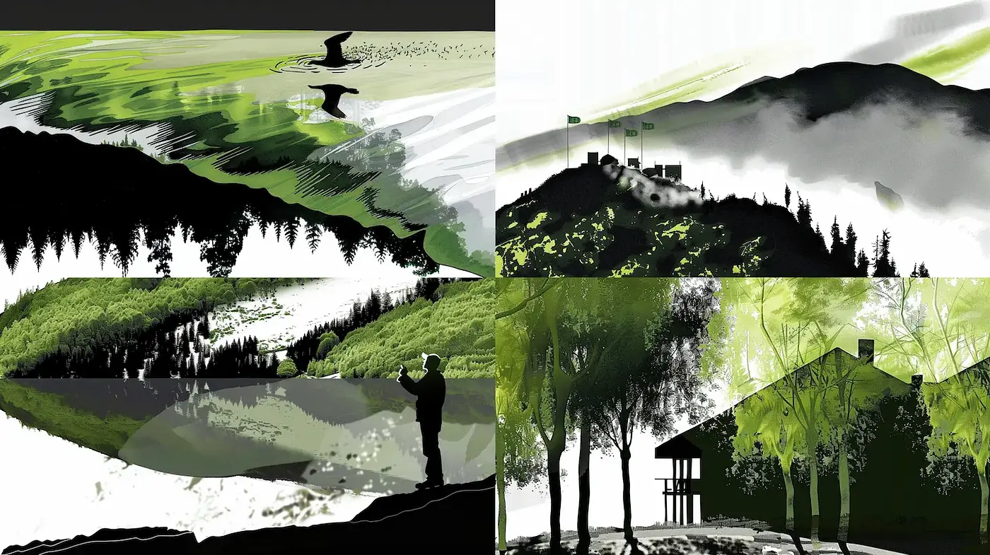 Stylized Landscapes with a Minimalist Approach and Nature Themes - Midjourney sref style