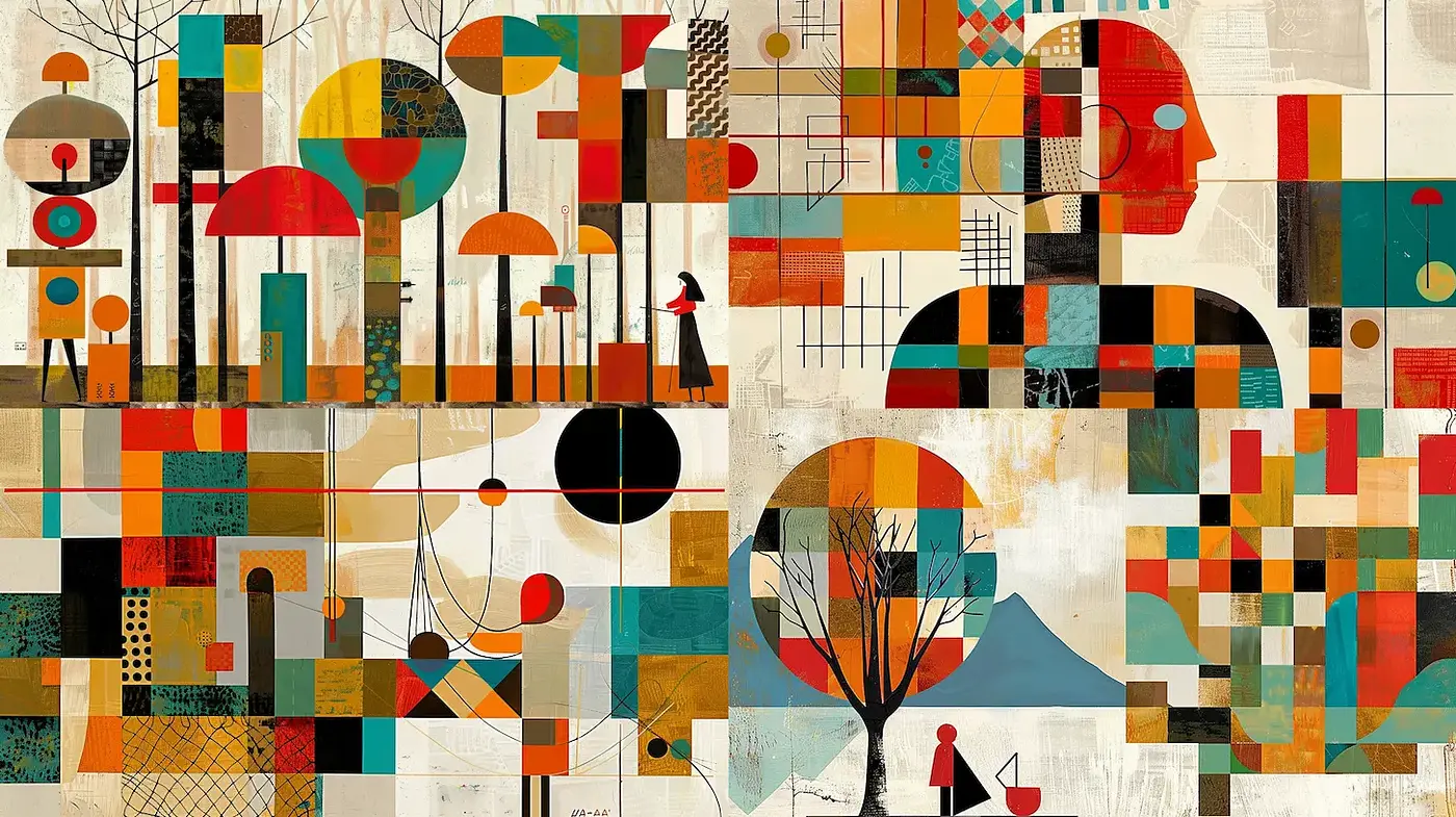 Whimsical geometric abstraction with a warm palette - Midjourney sref style
