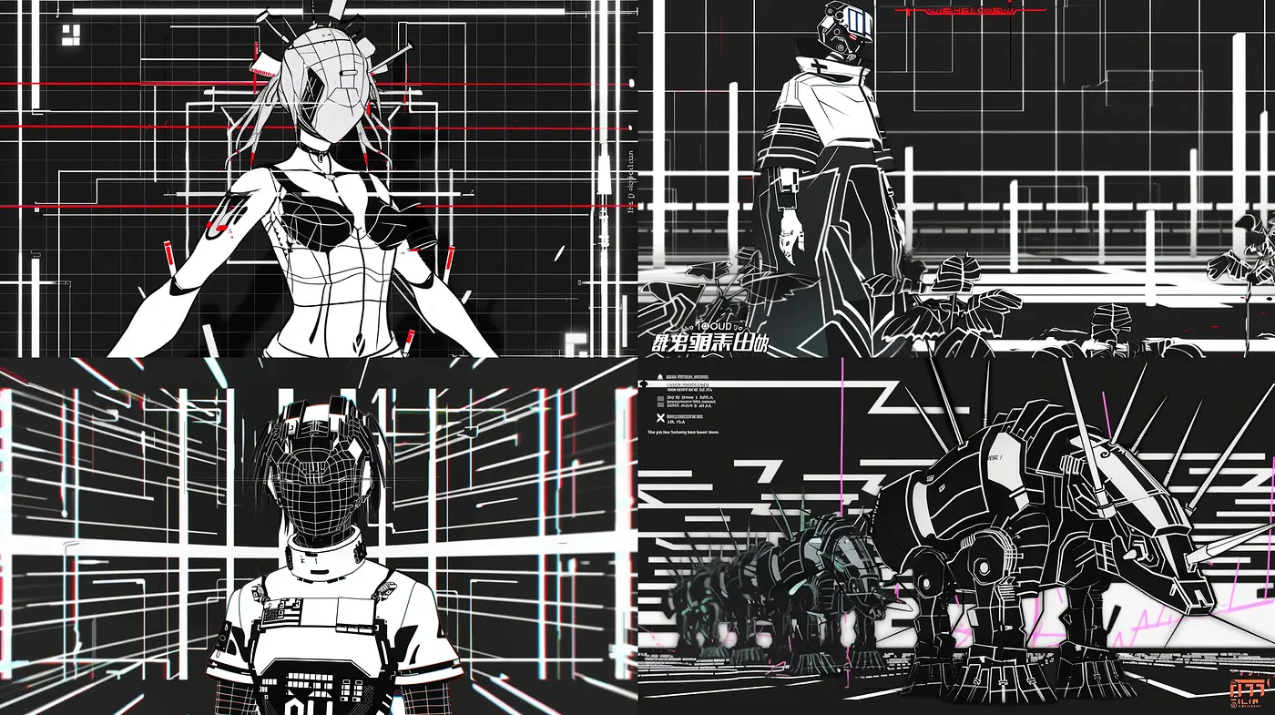 Monochromatic Cybergrid: Stylized Interpretations of Cybernetic Forms Amidst Digital Backdrops - Midjourney sref style