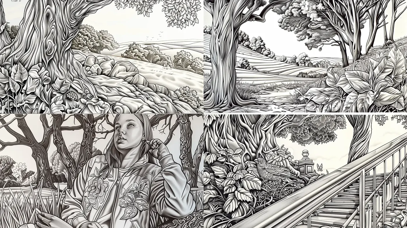 Monochromatic Nature's Embrace with Intricate Line Art - Midjourney sref style