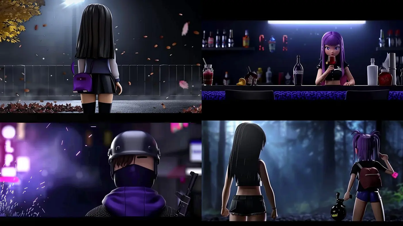 Persistent Shadows and Neon: An Exploration of Consistent Elements in Digitally Rendered Vignettes - Midjourney sref style
