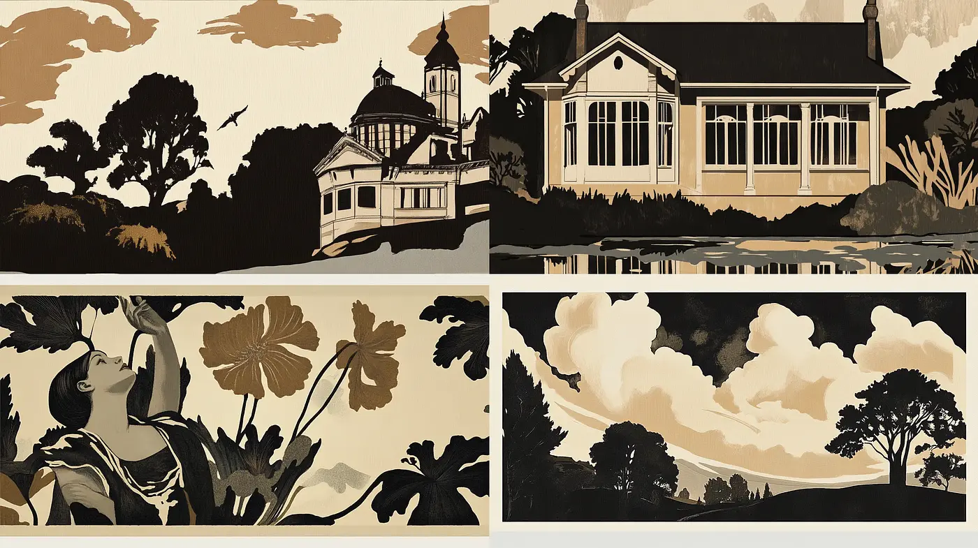 Elegant Sepia-Toned Scenic and Architectural Vistas - Midjourney sref style