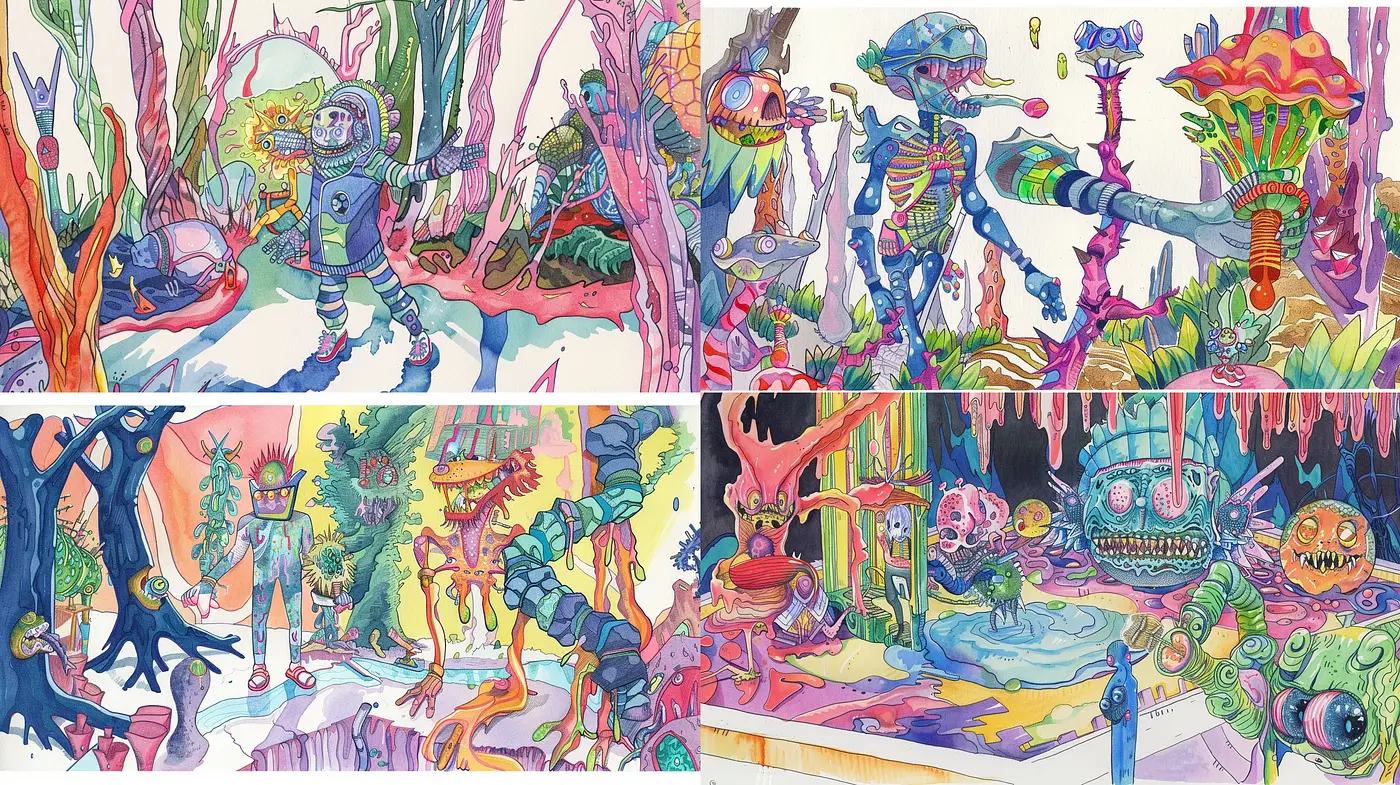 Psychedelic Dreamscapes: A Colorful Fusion of Whimsical Elements - Midjourney sref style