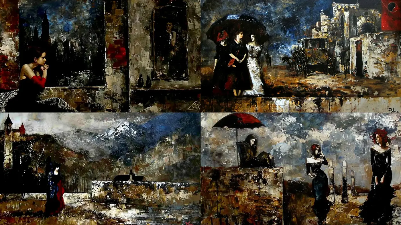 Rustic Textured Elegance in Monochromatic Tones with Vibrant Accents - Midjourney sref style