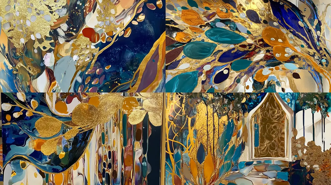 Ethereal Mosaic of Autumn: A Fusion of Gold-Infused Abstraction and Organic Forms - Midjourney sref style