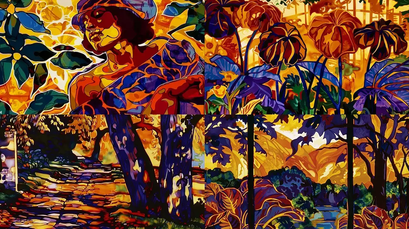 Luminous Chromatic Tapestry: A Fusion of Organic Forms and Vivid Hues - Midjourney sref style