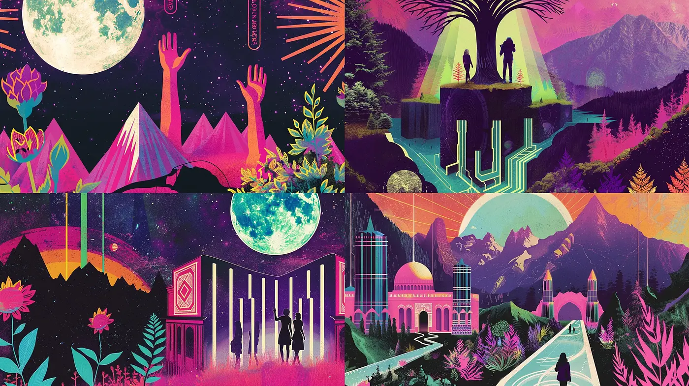 Surreal Synthwave Dreamscape: A Retro-Futuristic Journey in Vivid Hues - Midjourney sref style