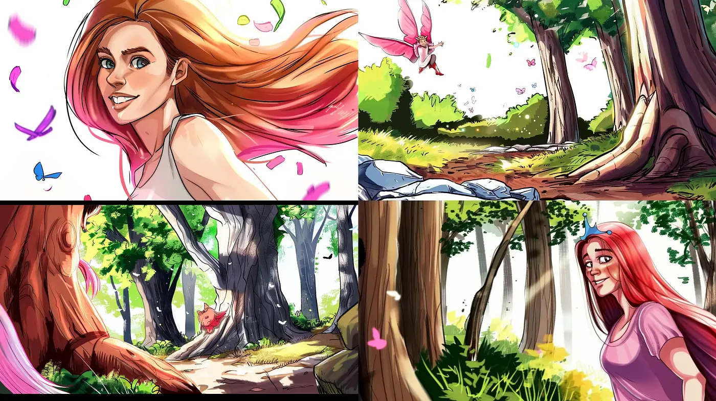 Lively Forest Serenity: Vivid Illustration Style Melding Nature with Whimsical Character Design - Midjourney sref style