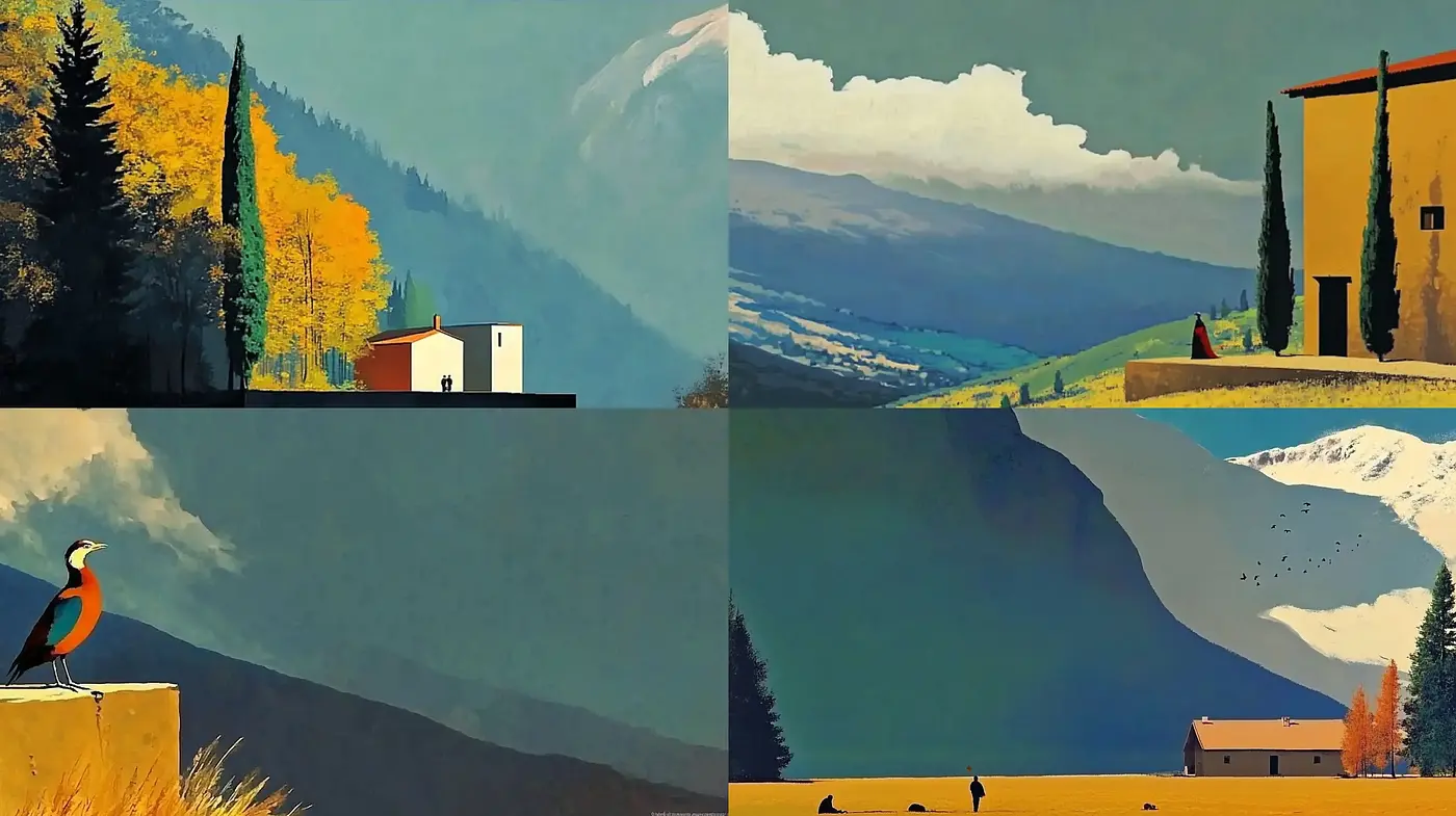 Serene Vistas with Harmonic Hues and Textured Impressions - Midjourney sref style