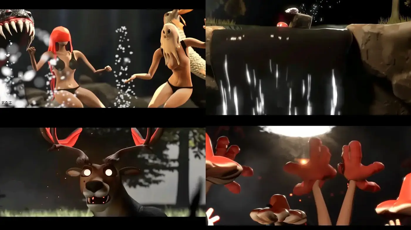 Whimsical animated scenes with surrealistic touches - Midjourney sref style