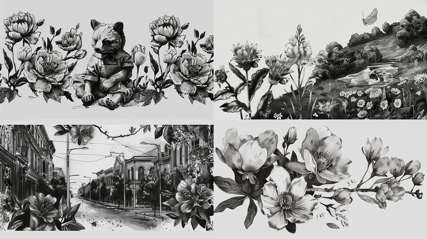 Monochromatic flora and fauna with a blend of realism and whimsy - Midjourney sref style