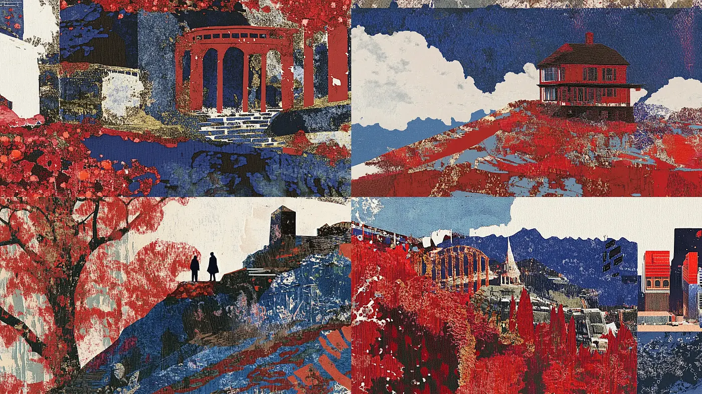 Collage of Timeless Serenity: A Mosaic of Red, White, and Indigo - Midjourney sref style