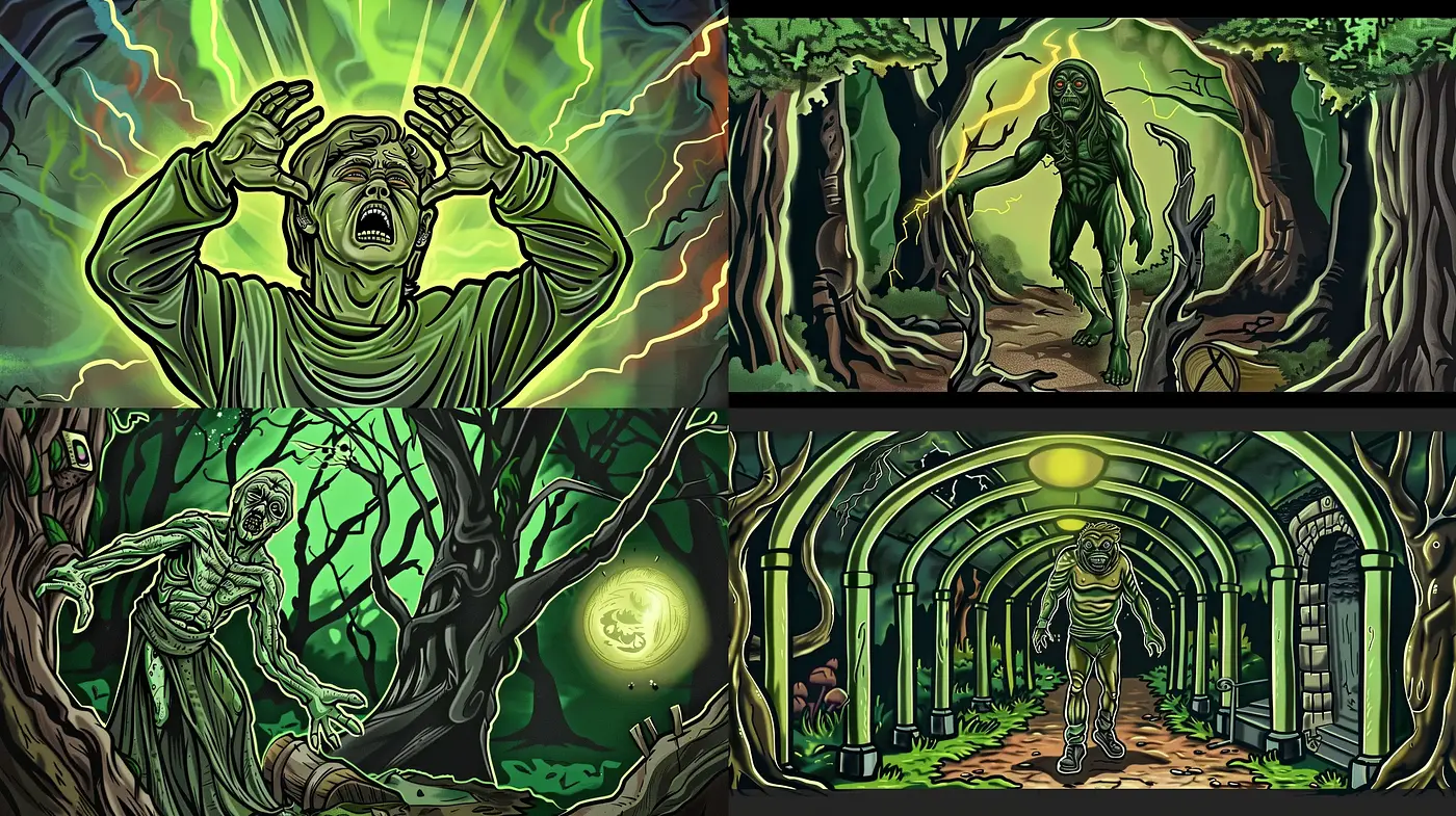 Eerie Enchanted Forest: A Fusion of Comic Book Artistry and Vibrant Mythical Elements - Midjourney sref style