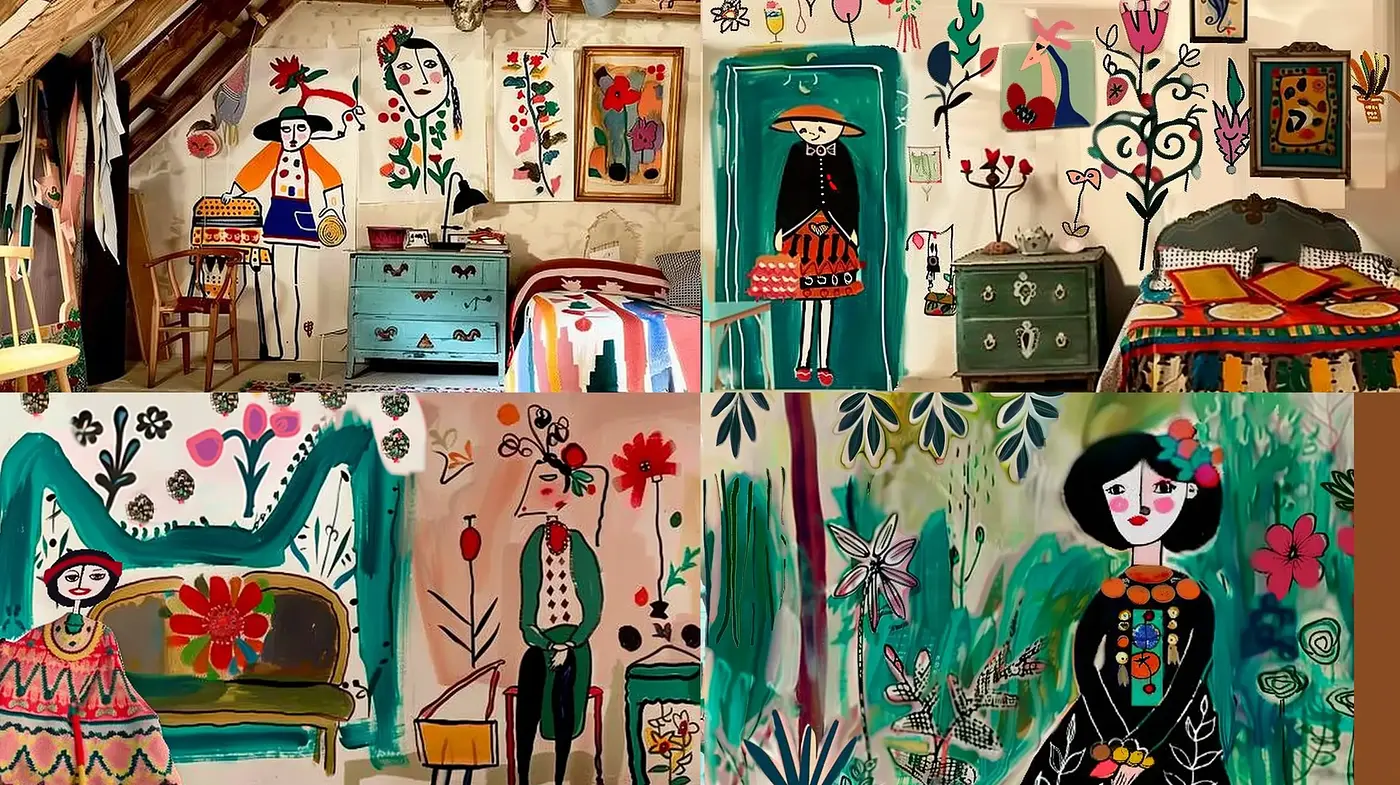 Folkloric Fusion: A Vivid Imaginary Meld of Naïve Art and Expressive Patterns - Midjourney sref style