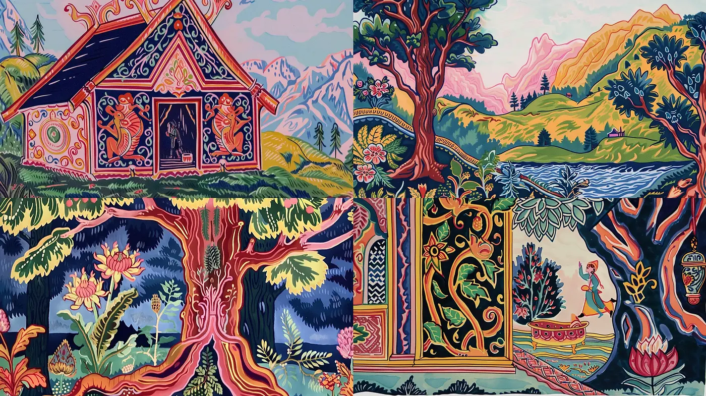 Enigmatic Tapestry of Mythical Landscapes and Flourishing Nature - Midjourney sref style
