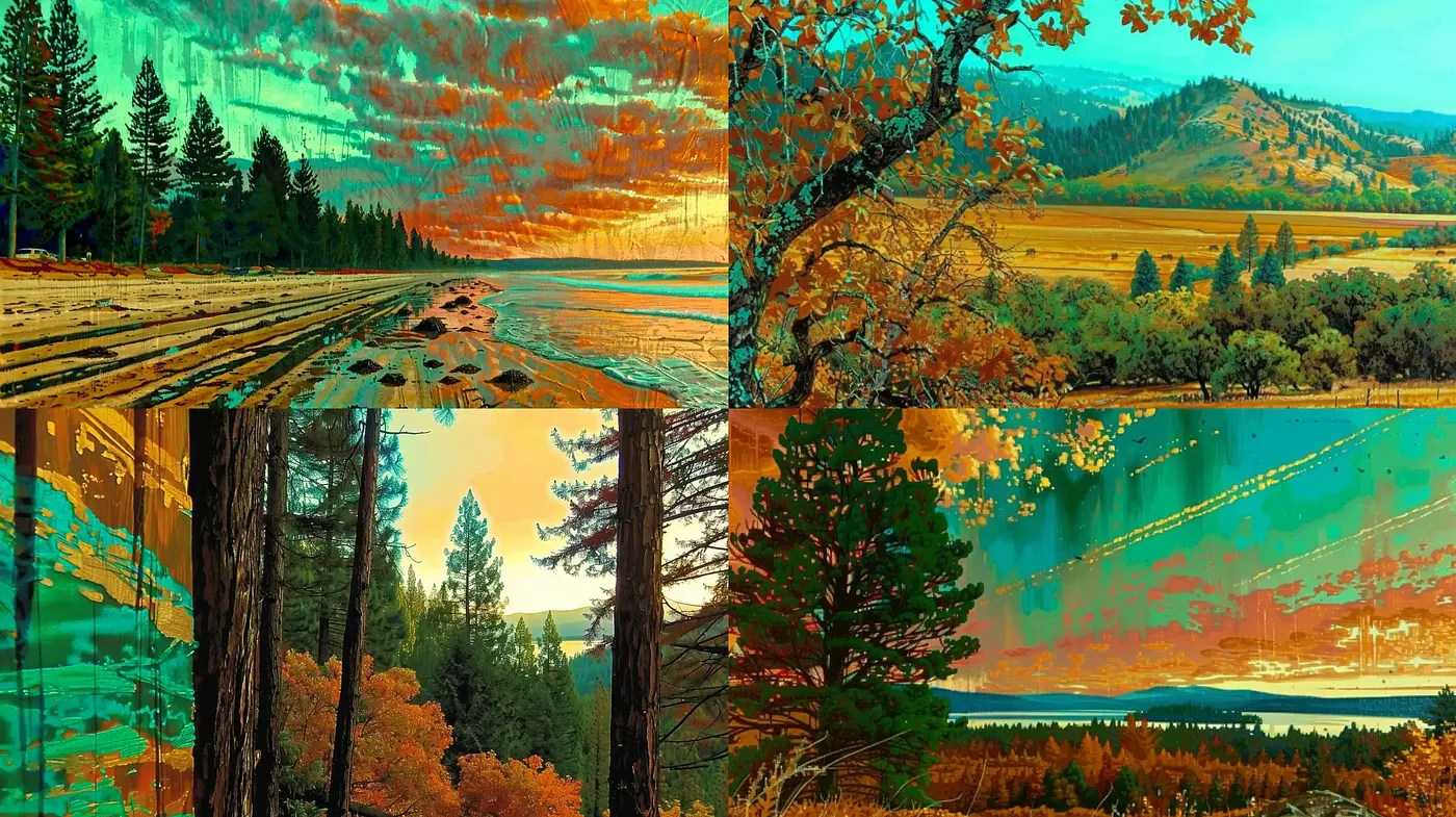 Autumnal Hues and Textured Brushwork in Natural Landscapes - Midjourney sref style